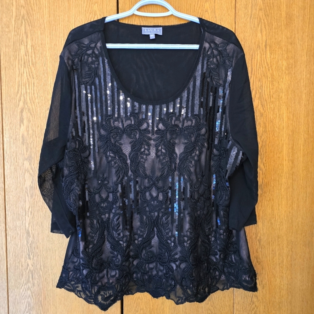 Laura Women's Black Lace Sequin Blouse, 3XL EUC